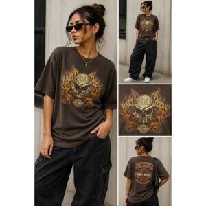 Harley Davidson Skull Flame Graphic Tee Brown XL Vintage Biker